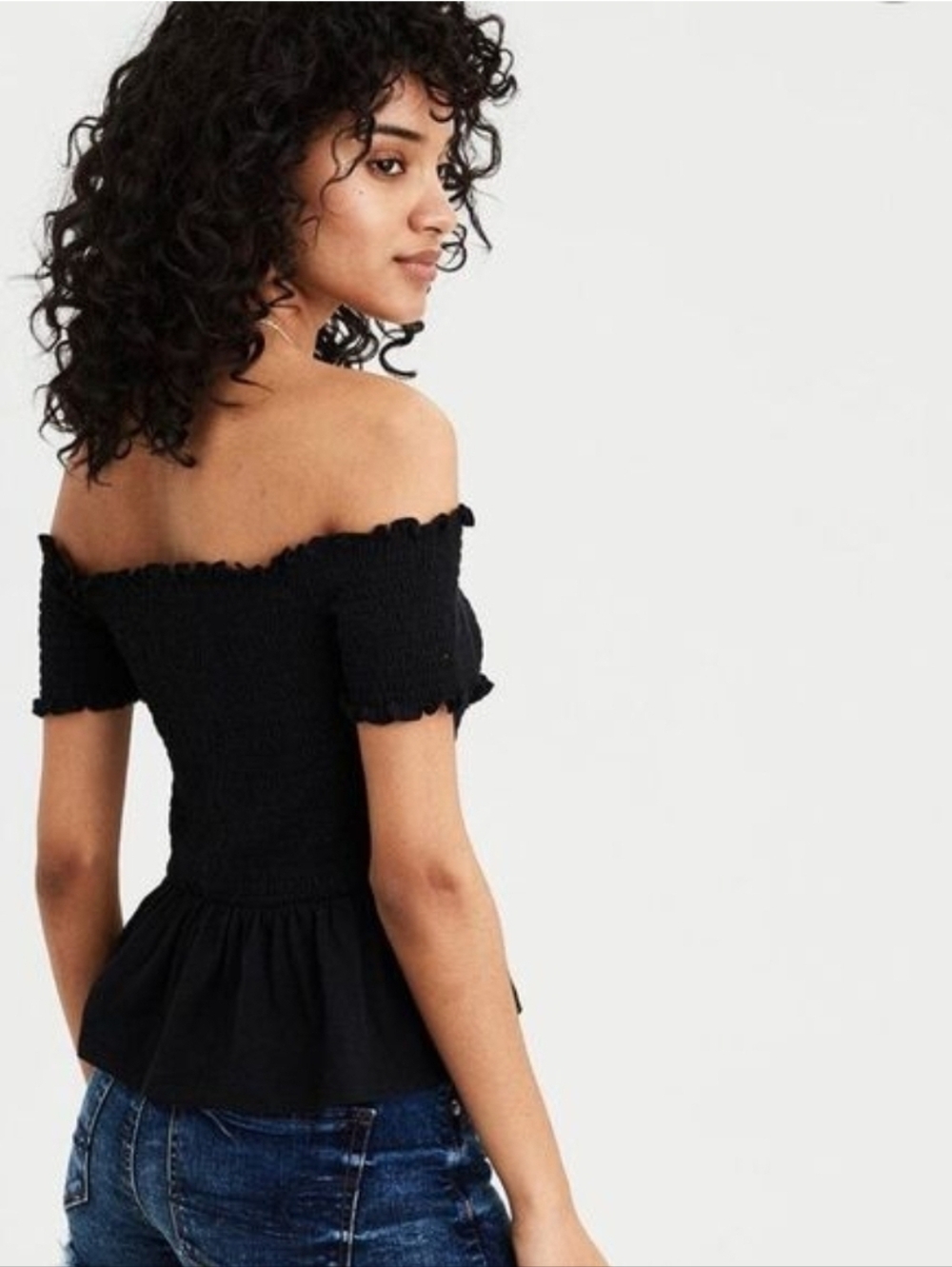 American Eagle Black Smocked Off The Shoulder Shirt